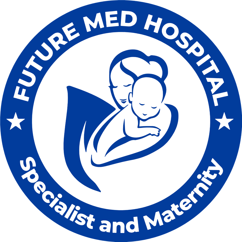 Future Med Hospital logo: a mother holding her baby inside a blue ring